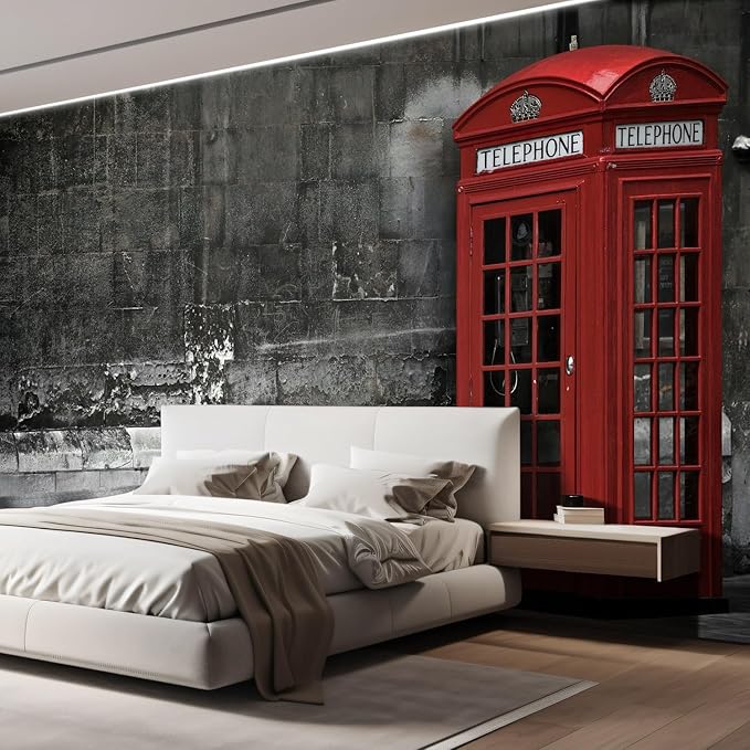 wall26 British Phone Booth in London, United Kingdom Removable Wall Mural | Self-Adhesive Large Wallpaper - 108x144 inches