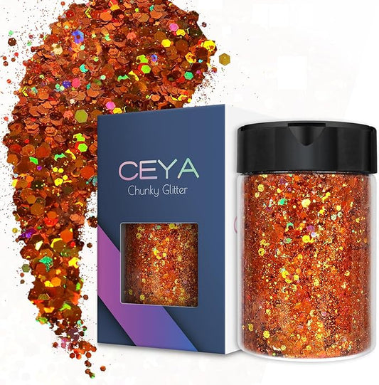 Ceya Holographic Chunky Glitter, 4.9oz/ 140g Orange Craft Fall Glitter Powder Mixed Chunky & Fine Flakes Iridescent Sequins for Pumpkin,Nail Art, Hair, Epoxy Resin, Tumblers, Slime, Festival Decor
