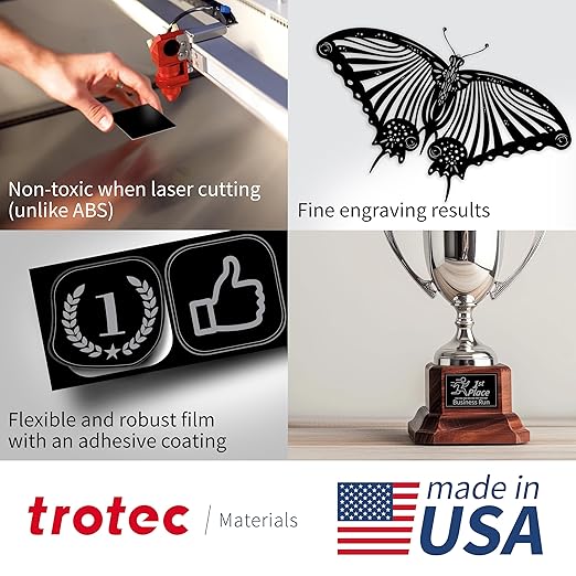 Trotec TroLase Lights | 24"x12"x1/250"(0.1mm thick) | Adhesive-Backed Flexible Laser Engraving Sheet/Film for Decal & Label | Double Color Plastic Sheet for Engraving | Black/Silver | 10pcs