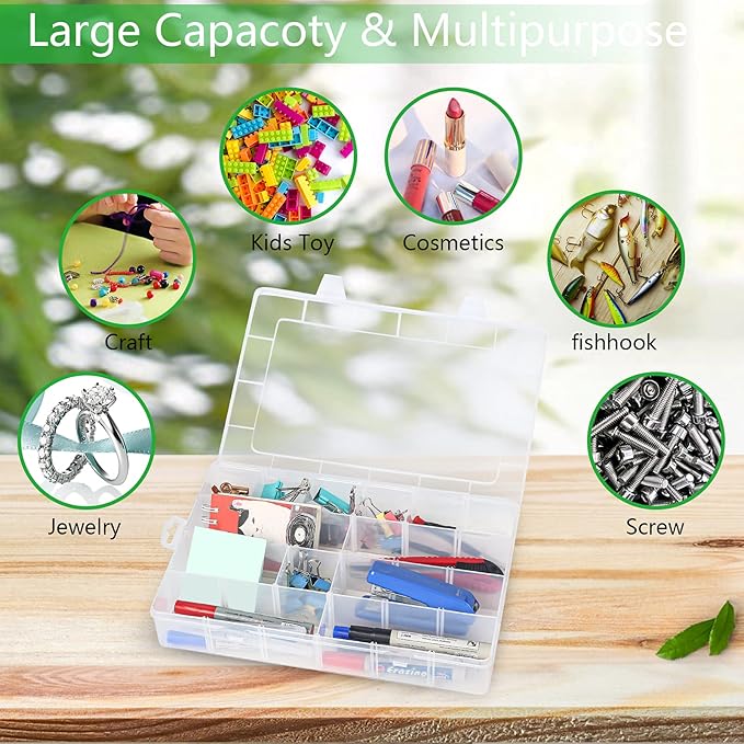 Large 24 Grids Plastic Organizer Box Adjustable Dividers,Clear Storage Box for Jewelry, Art DIY Crafts, Washi Tapes, Beads and Small Parts
