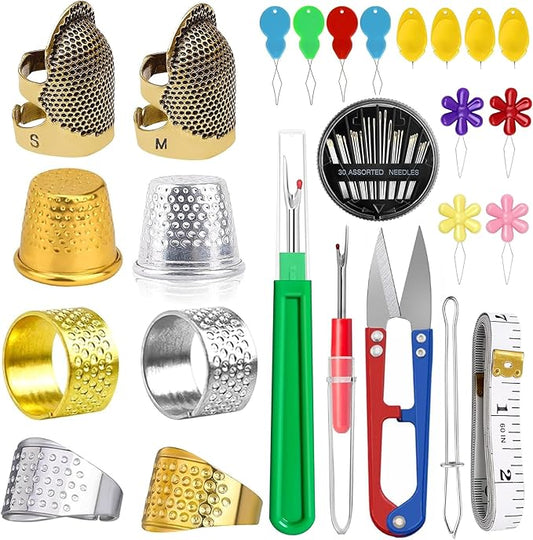 CousDUoBe Sewing Thimble Kit,thimbles for Hand Sewing，Needle threaders，Seam Rippers for Sewing，Measuring Tape and Thread Snips, Hand Embroidery Craft（Complete Sewing Kit）