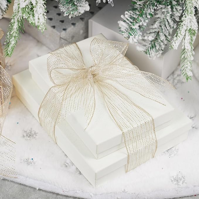 MEEDEE Champagne Gold Wired Ribbon - 2.5 Inch Horizontal Stripes Polka Dot Christmas Ribbon Organza Sheer Glitter - 25 Yards for Christmas Tree, Wreath Bow