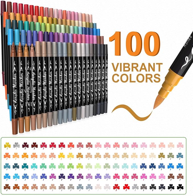 TOSAHRE Acrylic Paint Pens Markers 100 Colors Waterproof Dual Tip Acrylic Markers Set with Brush & Fine Tip Coloring Pens for Rock Painting Wood Scrapbook Fabric Glass Ceramic DIY Craft Art Supplies