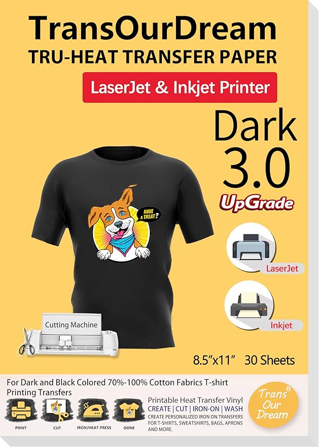 TransOurDream Tru-Heat Transfer Paper for Inkjet & Laserjet Printer (30 Sheets, 8.5x11", Dark 3.0) Printable HTV Heat Transfer Vinyl for T Shirts Iron on Transfers for Dark Fabrics (D3-33)