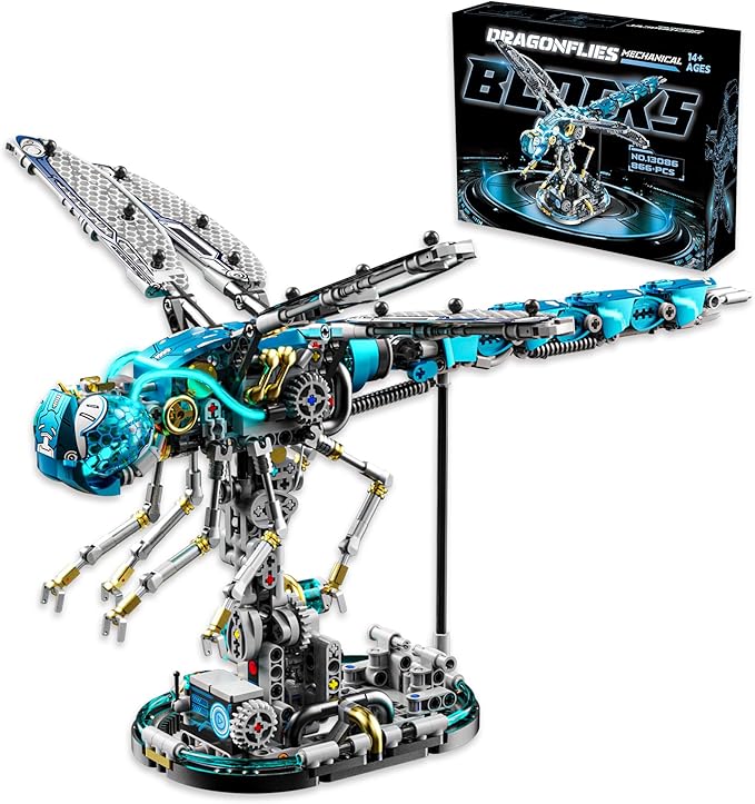 Mechanical Dragonfly Building Blocks for Adults, Insect Animal World Model with LED Light & Display Stand, Educational STEM Toys for Adult Home or Office Décor (866PCS)