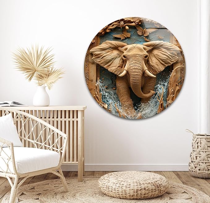My Photostation.com 40WX60H'' Elephant Carving Glass Wall Art Tempered Glass Printing Wall Decor Large Wall Art Wall Hangings