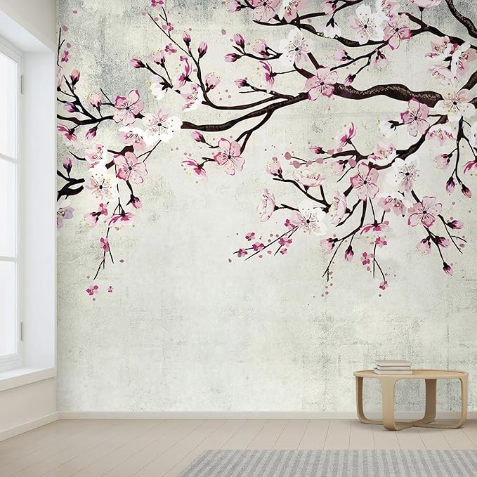 wall26 Large Wall Mural Watercolor Style Ink Painting Pink Cherry Blossom on Vintage Wall Background | Self- 132x192 inchesAdhesive Vinyl Wallpaper/Removable Modern Wall Decor - 132x192 inches