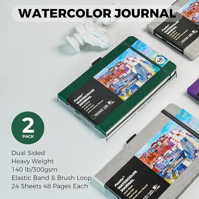 Funto Watercolor Journal, 8.5x5.5, 2 Pack, 48 Pages Each, Green Leather Cover, Cold-Pressed, Inner Paper Pocket, Art Supplies for Mixed Media