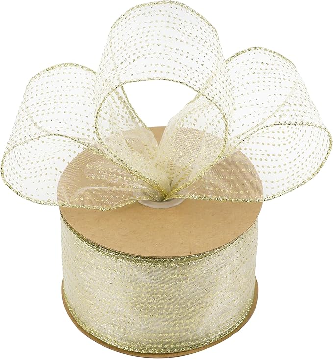 MEEDEE Glitter Gold Wired Ribbon 2.5 Inch Horizontal Stripes Polka Dot Christmas Ribbon Organza Sheer Glitter 25 Yards Gold for Christmas Tree, Wreath Bow Making