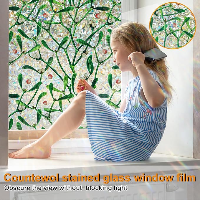 Window Privacy Film Stain Glass Window Film Rainbow Window Film Window clings Non-Adhesive Reusable Decorative for Room (Mistletoe Rainbow, 23.6 x 78.7 in)