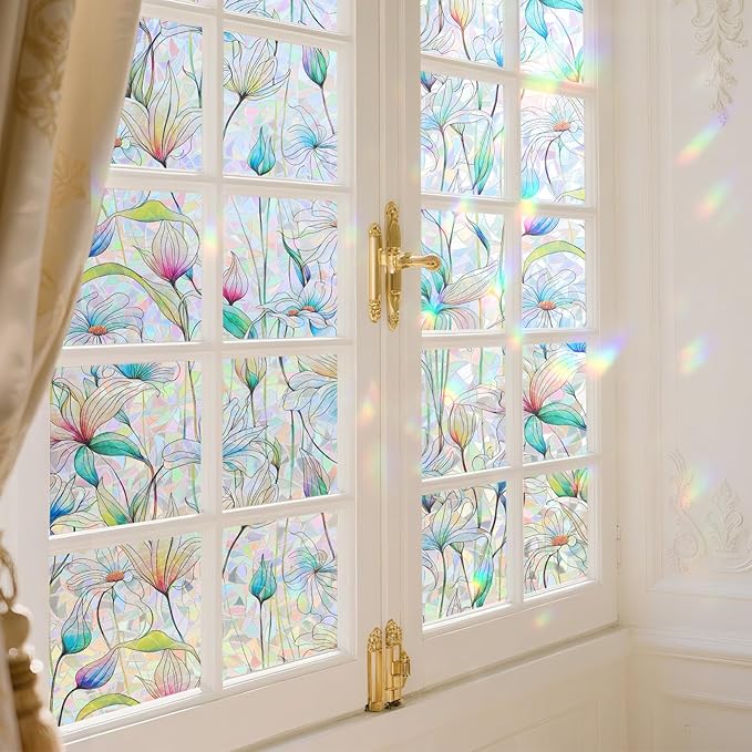 Donox Decorative Window Privacy Film, 3D Floral Stained Glass Window Film Static Cling Rainbow Privacy Sticker for Glass Door Heat Control Anti UV, No Adhesive (Magnolia,35.4 x 78.7 inches)