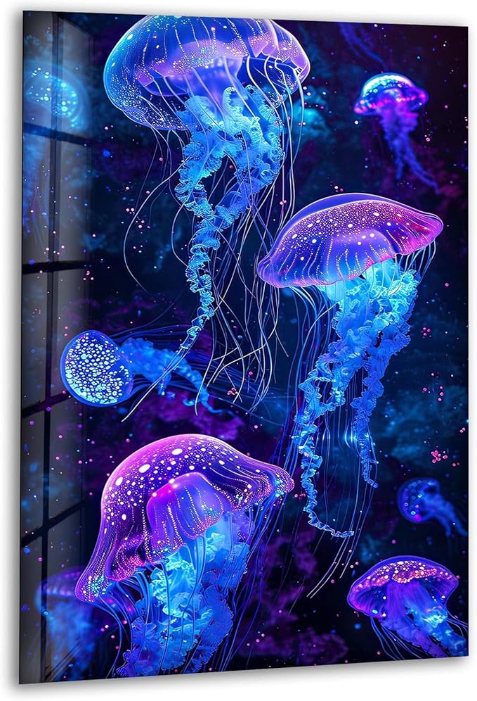 My Photostation.com 40WX60H'' Glowing Jellyfish Glass Wall Art Tempered Glass Printing Wall Decor Large Wall Art Wall Hangings