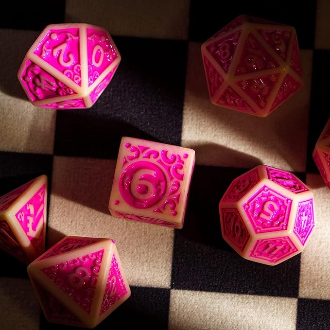 7-Die DND Dice Set New Pattern Polyhedral Dice Set with Leather Bag D&D Die for RPG Table Games(Yellow Pink)