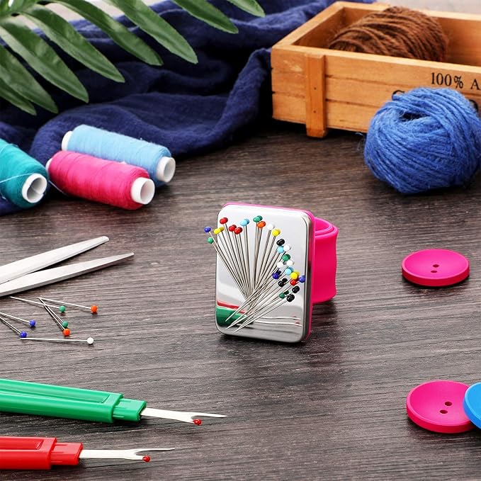 WILLBOND Magnetic Wrist Sewing Pincushion Wrist Magnetic Pin Holder Wristband Pin Cushion Holder with 3 Pcs Stainless Steel Pintail Comb Rat Tail Comb for Hair Clips Hand Sewing(Rose Red)