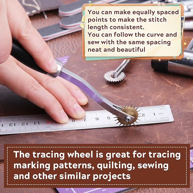 2PCS Tracing Wheel,Professional Stitch Marking Spacer,Wood and Stainless Steel Pounce Wheel,Pounce Wheel for Sewing Patterns with Wooden Handle forTracing Paper and Leather Crafts
