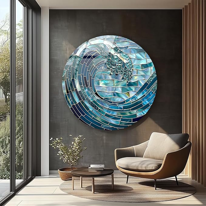 My Photostation.com 15.8''(40cm) Diameter Ocean Wave in Blue Mosaic Round Glass Wall Art Tempered Glass Printing Wall Decor Large Wall Art Wall Hangings