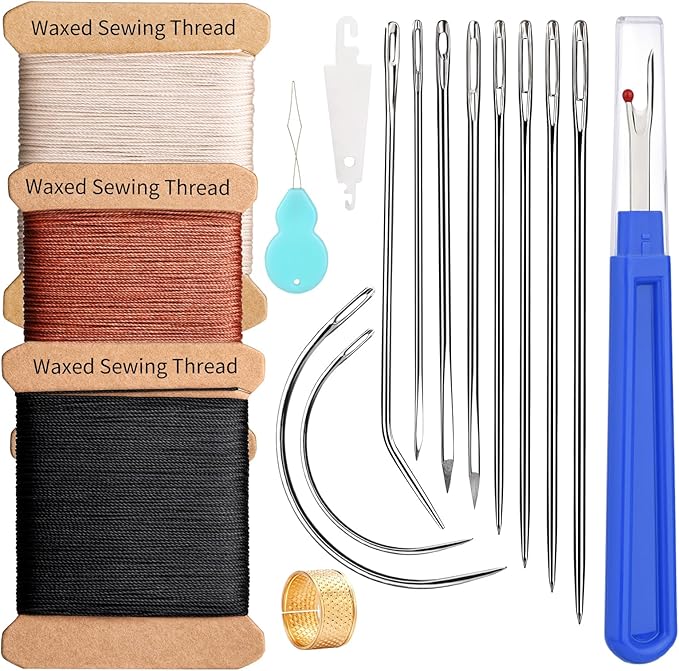 KAQRHFT Upholstery Repair Kit and Upholstery Needle, 0.55mm 98 Yard Waxed Thread with 8 Pcs Heavy Duty Leather Needles for Hand Stitching, Canvas & Quilting - Round Waxed Cord- Black/Brown/Beige