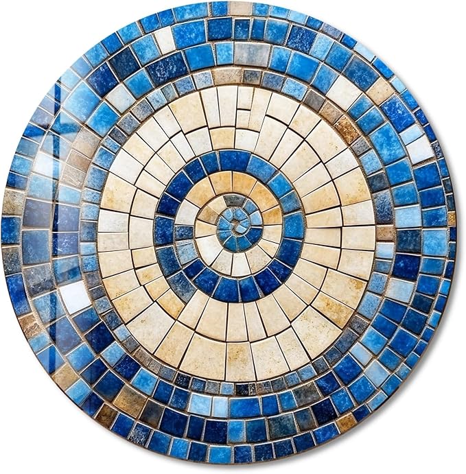 My Photostation.com 24''(60cm) Diameter Coastal Sunburst Beige & Blue Round Glass Wall Art Tempered Glass Printing Wall Decor Large Wall Art Wall Hangings