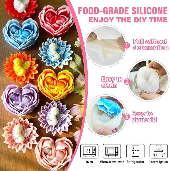 JDH 2PCS Flower Candle Molds,Heart Rose Candle Mold,3D Angel Baby in Sunflower Silicone Mold soap Silicone Molds for Home Decor Mother's Gift Baby Shower Wedding Decor