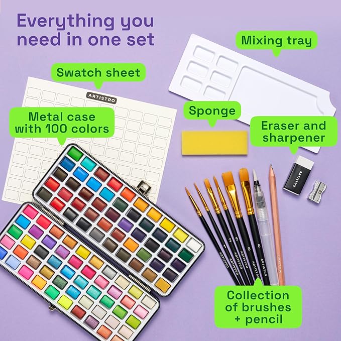 ARTISTRO 100 Watercolor Paint Set, Vivid Colors in Portable Box, Palette set. Perfect Travel Watercolor Set for Artists, Amateur Hobbyists and Painting