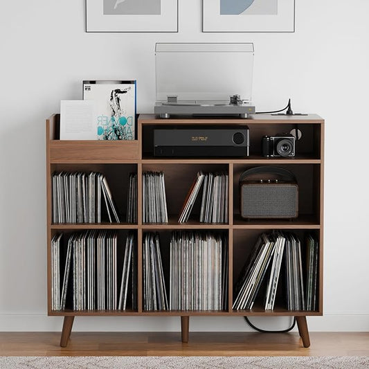 Cozy Castle Large Record Player Stand, Vinyl Storage Cabinet Mid Century Modern Turntable Stand Media Console Table Open Shelf Cube CD Album Holder Organizer for Living Room, Office, Brown