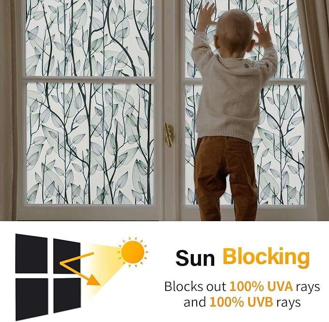 Leaf Pattern Window Tint with Installation Tools, Blackout Window Cover, Sun Blocking Window Tint for Home (Full Blackout Opaque, 17.7'' x 78.7'')