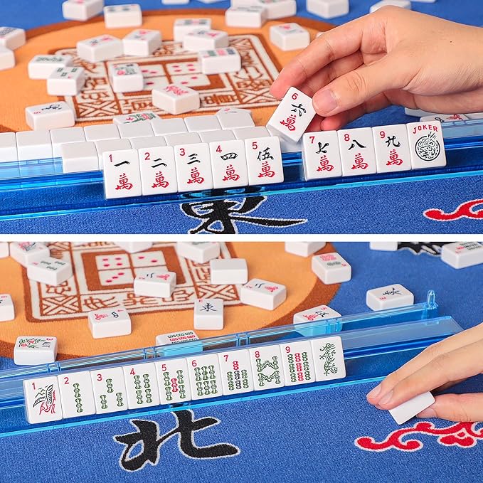 American Mahjong Game Set, 166 Quality White Tiles, 4 All-in-One Color Rack/Pushers, Mahjong Tile Set with Blue Printed Carrying Bag