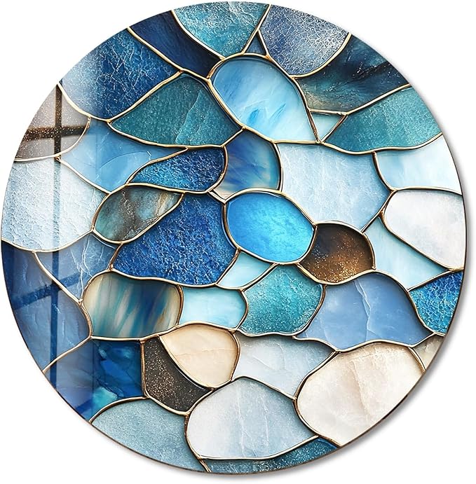 My Photostation.com 39,4''(100cm) Diameter Coastal Blue Stone Mosaic Round Glass Wall Art Tempered Glass Printing Wall Decor Large Wall Art Wall Hangings