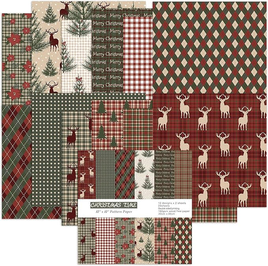Christmas Scrapbook Paper Pad 12×12,Vintage Christmas Deer Patterned Papers ,24 Sheets Double-Sided Merry Christmas Scrapbooking CardStock Paper Pad for Holiday Cardmaking DIY Origami Papers.