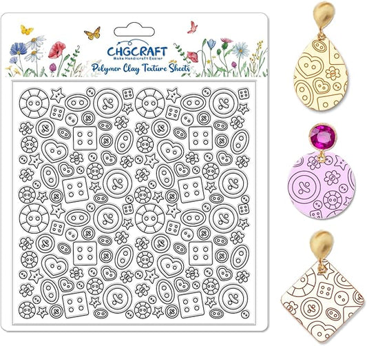 CHGCRAFT Button Pattern Polymer Clay Texture Sheets Heart Graphic Geometric Silicone Texture Stamp Clay Texture Mat Modeling Pattern Pad Sheets for Jewelry and Earrings Tools, 5.5x5.5 inch