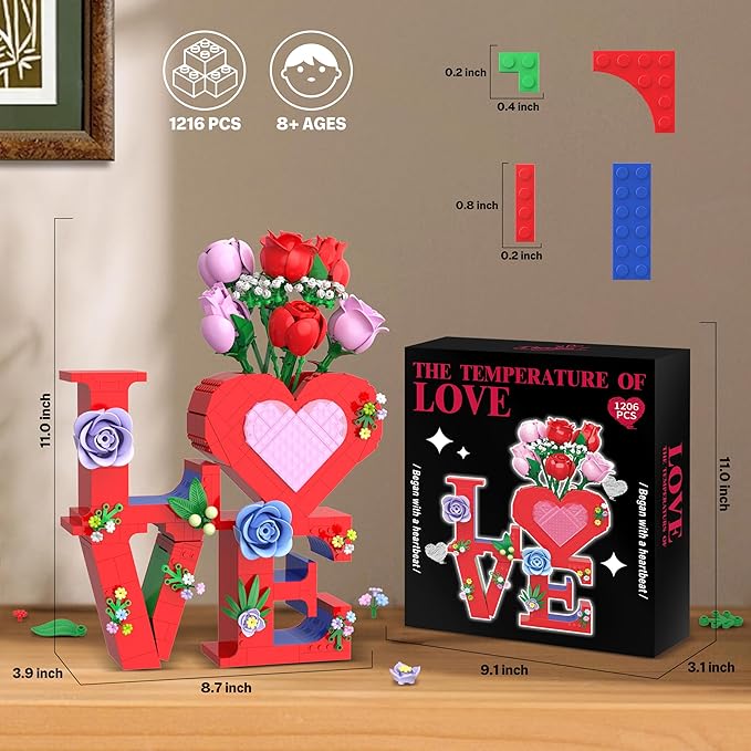 Romantic Love Heart Vase Building Set - 1216 Pcs Rose Flower Bouquet Building Kit for Adults - Creative Anniversaries Gifts for Women & Men, Unique Valentine’s Day Gifts for Her Him