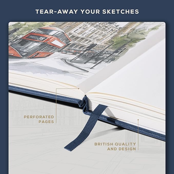 Beechmore Books Square Sketchbook – 8x8 Premium Vegan Leather Bound Large Sketch Book Hardcover with 156 Thick 160gsm Perforated Ivory Pages, Blank Sketch Pad, Gift Boxed Back Pocket, Ribbon Bookmark