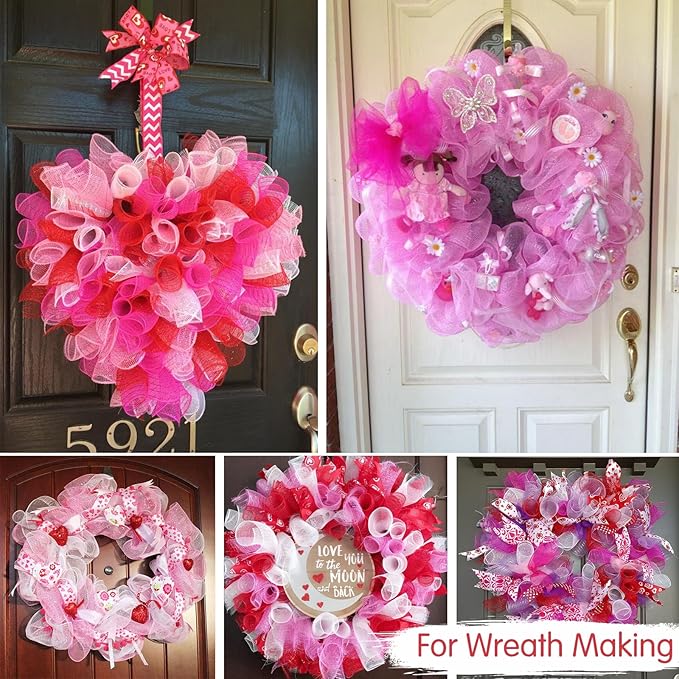 TONIFUL 2 Rolls 10 Inch Hot Pink Decorative Mesh Ribbbon Rolls for Mesh Wreath Supplies, Front Door Wreath Crafts Tree Decor Christmas Valentine's Day Decoration (10 yds/roll)