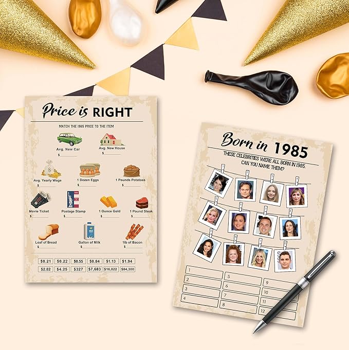QUPT 40th Birthday Party Games, Set of 2 Activities for 15 Guests, Born in 1985 Games Bundle, Birthday Party Supplies for Adults, Pack of 30 Cards
