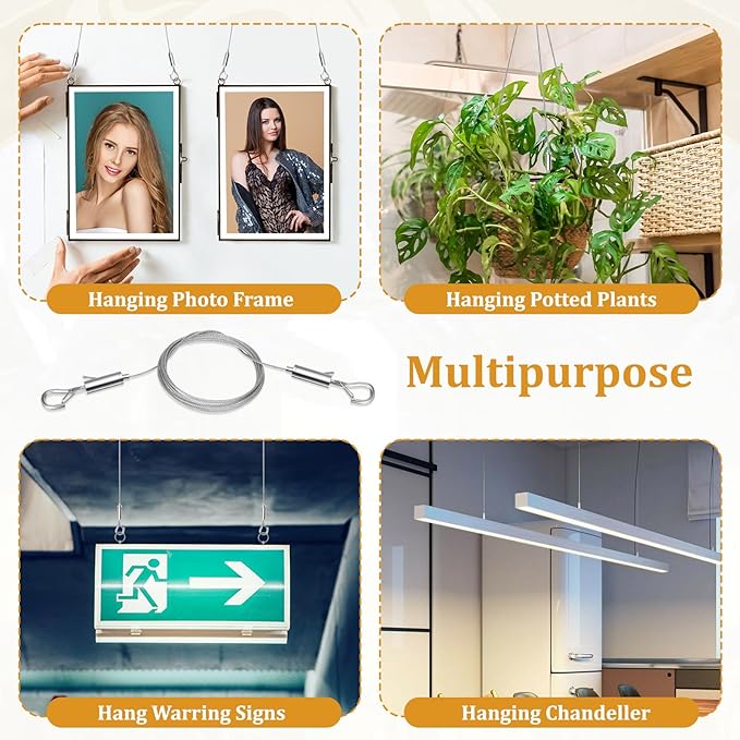 6PCS Heavy Duty Picture Hanging Wire 9.8ft X 1.5mm Mirror Frame Hanging Kit Adjustable Stainless Steel Rope for Pictures, Mirrors, Frames, Artwork, Light Lamp and Billboards, Supports up to 66lbs