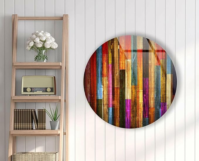 My Photostation.com 24''(60cm) Diameter Colorful Wood Pattern Round Glass Wall Art Tempered Glass Printing Wall Decor Large Wall Art Wall Hangings
