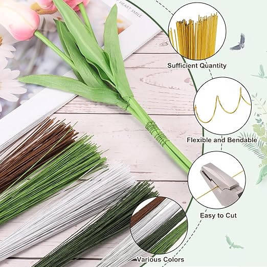 PATIKIL 32 Inch 22 Gauge Floral Stem Wire, 2 Pack/80 Pieces Bouquet Stem Paper Wrapped for DIY Crafts Flower Arrangements, Gold Tone