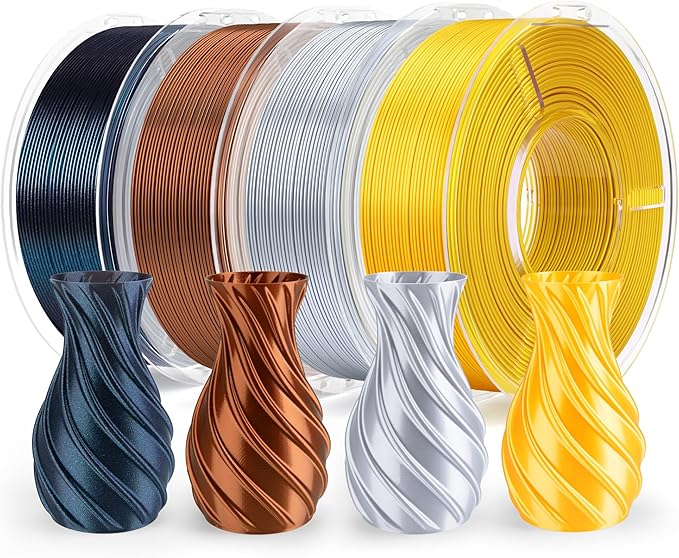 ELEGOO 250g Silk PLA Filament Bundle 1.75mm, 4 Colors 3D Printer Filaments Dimensional Accuracy +/- 0.02mm, 4 Pack 250g Spool, Silk Gold/Silk Silver/Silk Bronze/Galaxy Black