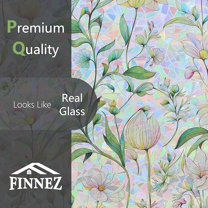 FINNEZ Window Privacy Film Stain Glass Film Flowers Rainbow Window Film Window Clings Non-Adhesive Reusable Decorative for Home（Forest Rainbow，17.5 Inch x 6.5 Feet）