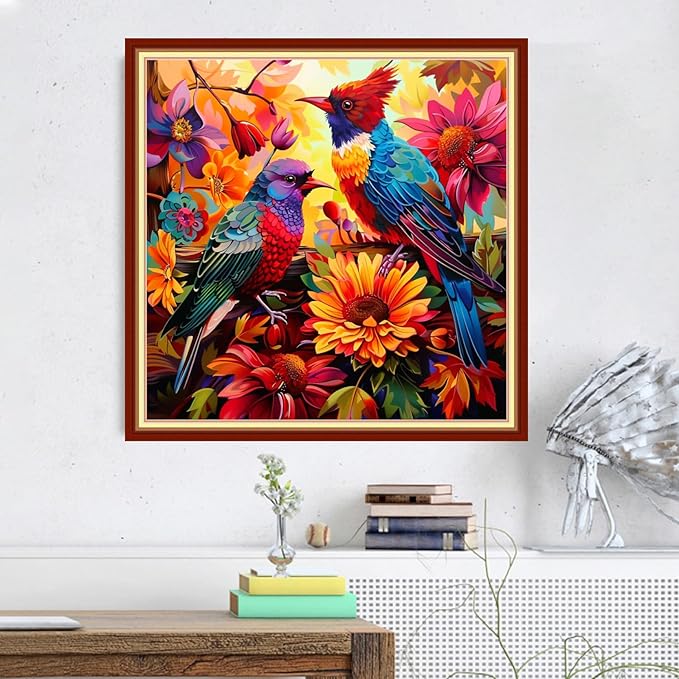 Magxvouy Cross Stitch Kits Stamped Full Range of Embroidery Kits,Cross Stitch Patterns Needlework Kits for Beginners 11CT Printed Kits&Colorful Flowers and Birds 18x18 inch