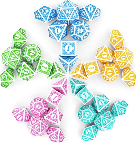 Coyeekn Polyhedral Dice DND Dice, 5 Sets of Dragons and Dungeons,RPG MTG Table Game Vintage Dice Carving Dice (35Pieces)