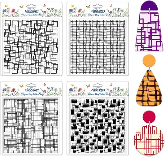 CHGCRAFT 4 Pcs Graffiti Grid Polymer Clay Texture Sheets Abstract Squares Silicone Texture Stamp Seamless Pattern Modeling Pattern Pad Sheets for Jewelry and Earrings Tools, 5.5x5.5 inch