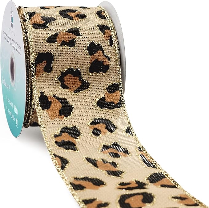 CT CRAFT LLC Burlap Leopard Fabric Wired Ribbon 2.5" x 10 Yards Natural with Black and Bronze Color for Christmas Home Wedding Decor Gift Wrapping Tree Topper Bow Wreath Bouquet DIY Crafts