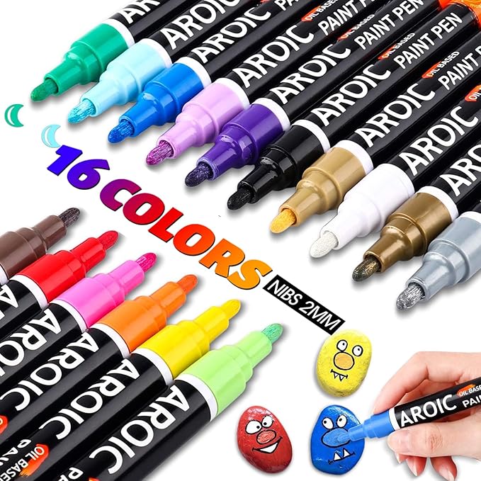 AROIC Paint Pens Paint Markers, 16 colors Oil-Based Waterproof Painting Marker Pen Set On Rock, Wood, Fabric, Metal, Plastic, Glass, Canvas, Mugs, Waterproof, DIY Craft and More
