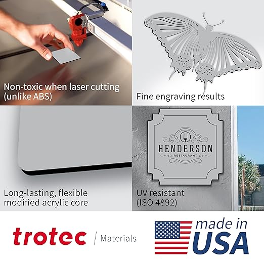 Trotec | Metallic Looking Acrylic Sheet | 12"x12"x1/16, 8 Pcs | Smooth Silver/Black | Metallic Finish - Scratch Resistant for Laser Engraving & Cutting,Printing,Glowforge,Name Plate | USA Made