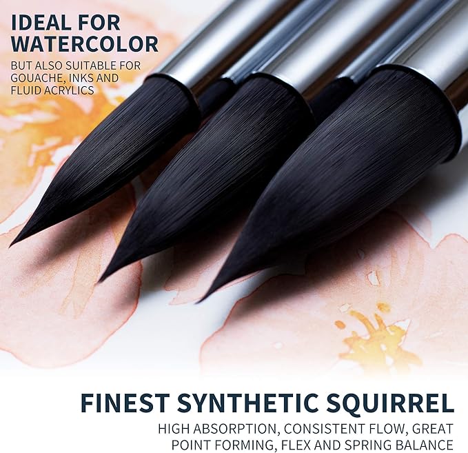 ARTEGRIA Watercolor Brush Set, 10 Professional Soft Synthetic Squirrel Paint Brushes, Including Pointed Rounds, Flats, Dagger, Oval Wash