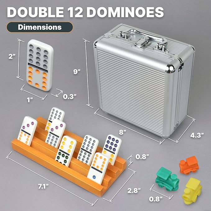 Queensell Dominoes Double 12 with 8 Holders + Wooden Hub + Score Pad + Metal Trains