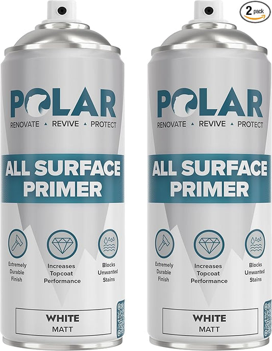 Polar All Surface Primer Matte White - 2 x 13.5 Fl Oz - Ideal for Wood, Metal, Plastic, Brick - Enhanced Adhesion & Quick Drying