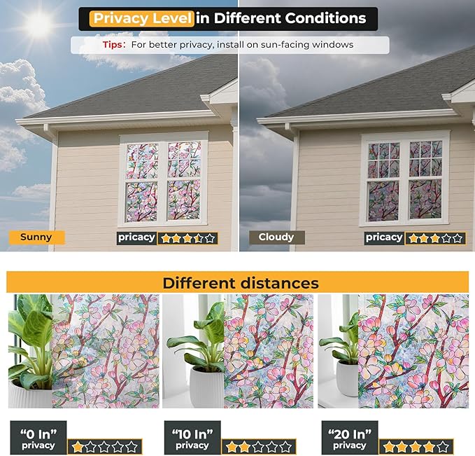 Window Privacy Film Rainbow Film Stained Glass 3D Static Cling Decorative Window Sticker for Bathroom,Front Door,Home Heat Control UV Blocking Non Adhesive,Peach Blossom 17.5 x 78.7 inches