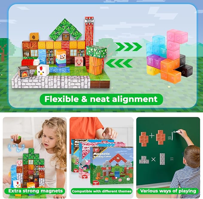 Magnetic Blocks - 100PCS Magnetic Building Blocks Cubes, Magnet Toys for Kids Age 3+, Toy Building Set for Kids, Magnets Stacking Construction Toys Birthday Gifts for Boys Girls Age 4-8, 8-12